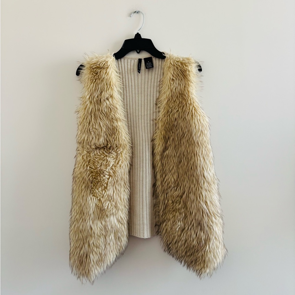 Y2K New Directions Shaggy Faux Fur Vest Beige Women M Hippie Boho Festival Indie